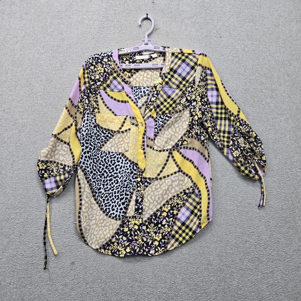 New York & Company Women Blouse M Yellow Floral Plaid Animal Print Geometric